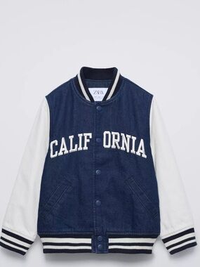 Zara Navy & White California Denim-Style Varsity Jacket